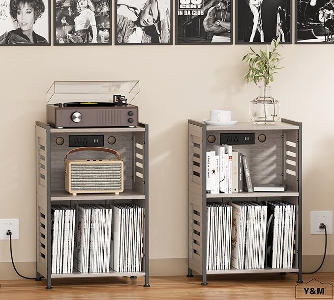 Y&M Record Player Stand, Vinyl Turntable Stand with Charging Station and USB Port, Record Display Table with Storage Cabinet, Turntable Holder, End Table, Nightstand for Bedroom, Living Room, Gray