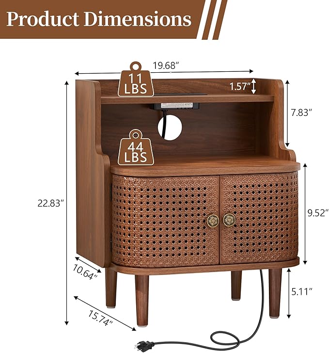 Metal Rattan End Table Set of 2 with Charging Station, Mid Century Modern Nightstand with 2 Doors, Bed Side Table with Storage for Couch,Living Room, Sofa Side Table for Office,Dorm - Walnut