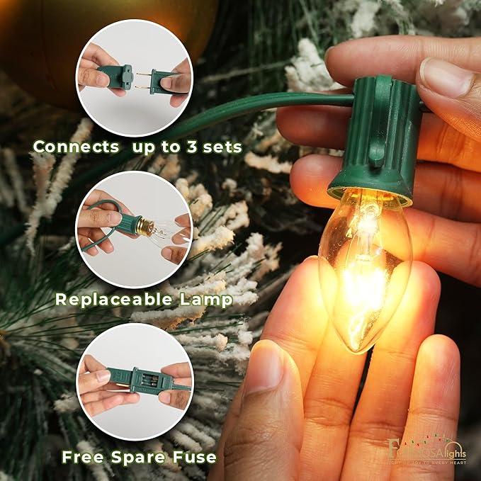 C7 26ft Indoor/Outdoor Clear Incandescent Christmas String Lights with 25 Bulbs and E12 Base | 120V, 5W