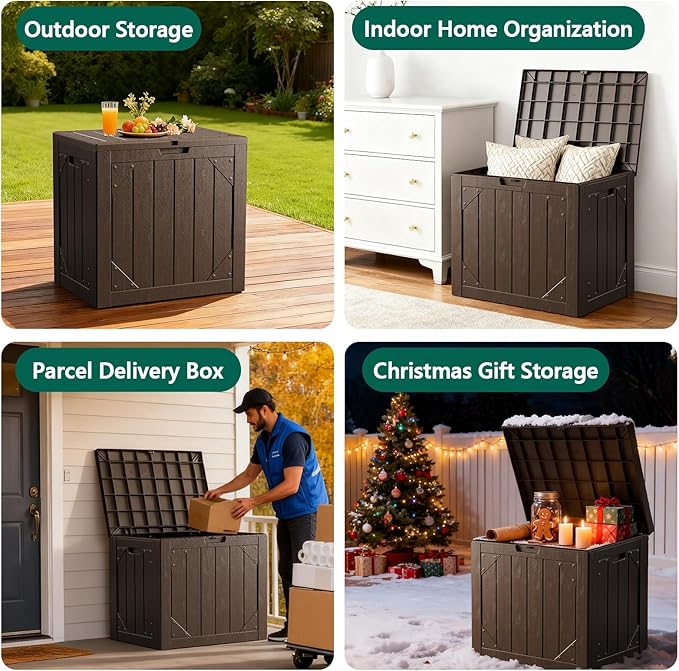 Outdoor Storage Box, 30 Gallon Deck Box Outdoor Storage Bench Outside Waterproof Resin Storage Bench, Lockable Patio Cushions, Garden Tools Storage For Furniture, UV Resistant (Brown)