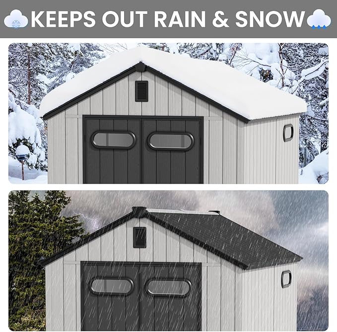 CRESTLIVE 8x10 FT Rust-Resistant Plastic Outdoor Storage Shed, Waterproof Resin Garden Shed with Floor, Doors, Skylight & Vent for Lawn Tools & Bikes