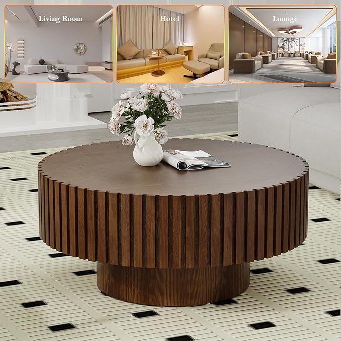 Contemporary Nesting Coffee Table Multi-Functional Stylish Round Wooden Center Table Set of 2, Smooth Tabletop & Stable Anti-Skid Leg (Round Walnut)