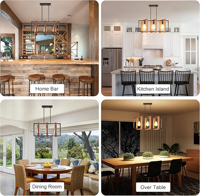 3-Light Island Lights for Kitchen, Rectangular Wood and Black Metal Kitchen Island Chandelier 23.6" Adjustable Rustic Modern Dining Room Light Fixtures Over Table, Chandeliers for Dining Room