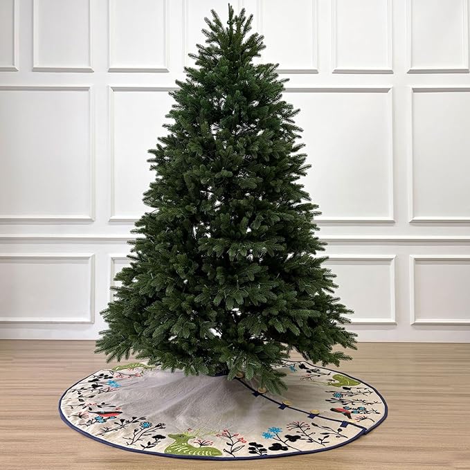 60-Inch Linen Christmas Tree Skirt, Woodland Creatures Embroidery, Thick Foam Padding, Beige with Navy Blue Trim, Oak Button Closures