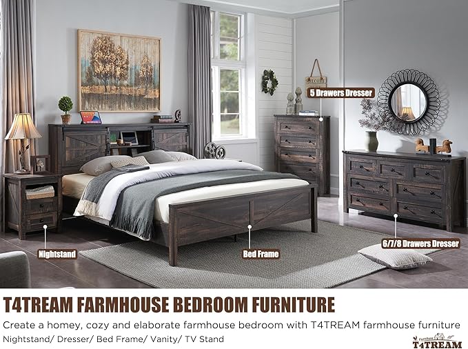 T4TREAM Farmhouse 5 Drawers Dresser Chests for Bedroom, Wood Rustic Tall Chest of Drawers, Dressers Organizer for Bedroom, Living Room, Hallway, Dark Rustic Oak