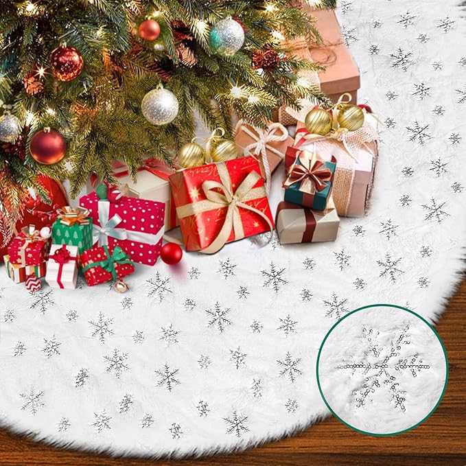 72 inch Christmas Tree Skirt,White Faux Fur Tree Skirts Thick Soft Christmas Ornaments,Extra Large Xmas Tree Skirt for Christmas Home Decorations Xmas Party Holiday Decorations