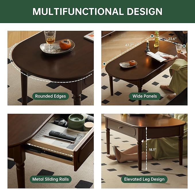 100% Solid Wood Vintage Coffee Table with Drawers, Mid Century Modern Table with Storage, Farmhouse Wooden Coffee Table for Living Room (Walnut Color)
