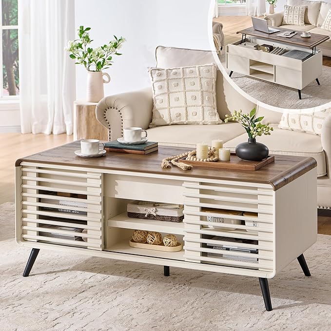RedLemon 48" Lift top Coffee Table, mid Century Modern Coffee Table with Slatted Sliding Door, Hidden Storage Compartment, 4 Storage Shelves, Center Table for Living Room, Office, Antique White