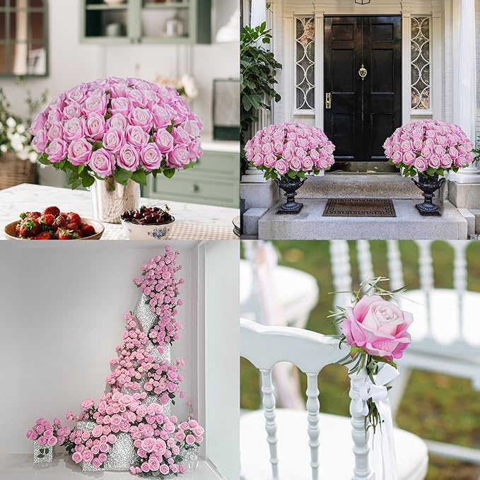 Artificial Flowers Roses Touch Fake Rose Bouquet Flower Stem Fo Wedding Centerpieces DIY Wreath Home Decorations Silk Roses Fo Mothers Party Fake Outdoor Flowers Decor 19.6"(Deep Pink 50PCS)