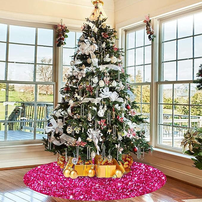 Large Christmas Tree Skirt 60 Inch Sequin Hot Pink Tree Skirt Sparkling Fabric Christmas Tree Mat Glitter Sparkle Xmas Tree Skirts Unique Glitter Xmas Tree Base Home Winter Holiday Display