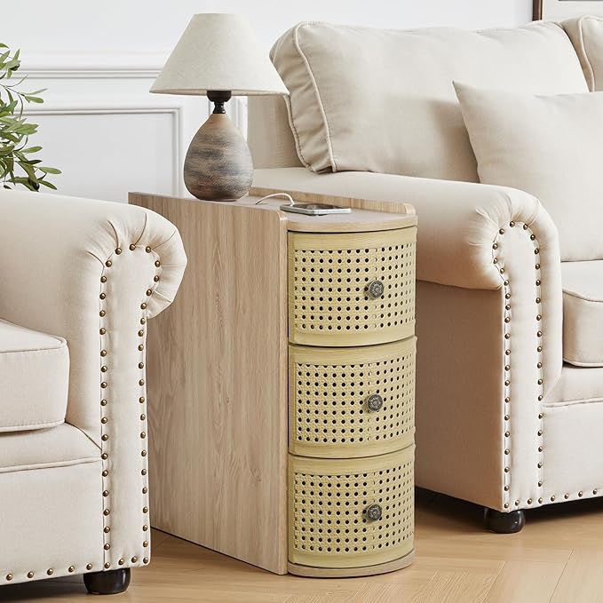 Metal Rattan Narrow End Table with Charging Station, Boho Side Table with Drawers Storage, Small Night Stand with Power Outlets and USB Ports, Sofa Side Table for Living Room - Natural