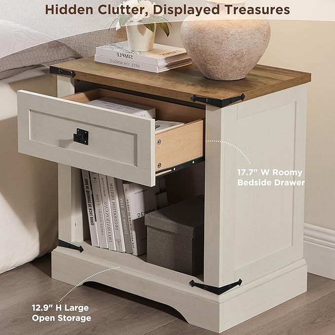 T4TREAM 24" Farmhouse Nightstand with Charging Station, Large End Table with Drawer and Open Storage Cabinet, Rustic Wood Bedside Table Sofa Table for Bedroom, Antique White