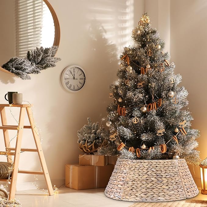 Liliful Christmas Tree Collar Woven Wicker Farmhouse Rustic Tree Skirt Basket Ring for Christmas Decorations(White,27 Inches)