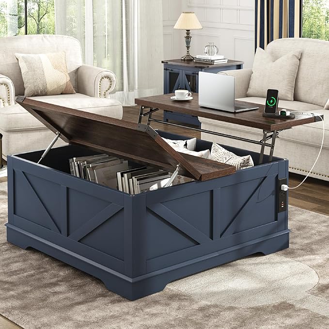 40” Large Farmhouse Lift Top Coffee Table with Power Outlets and Large Hidden Storage, Square Wood Living Room Tables, Multi-Function Lift Wooden Barn Door Center Table, Blue