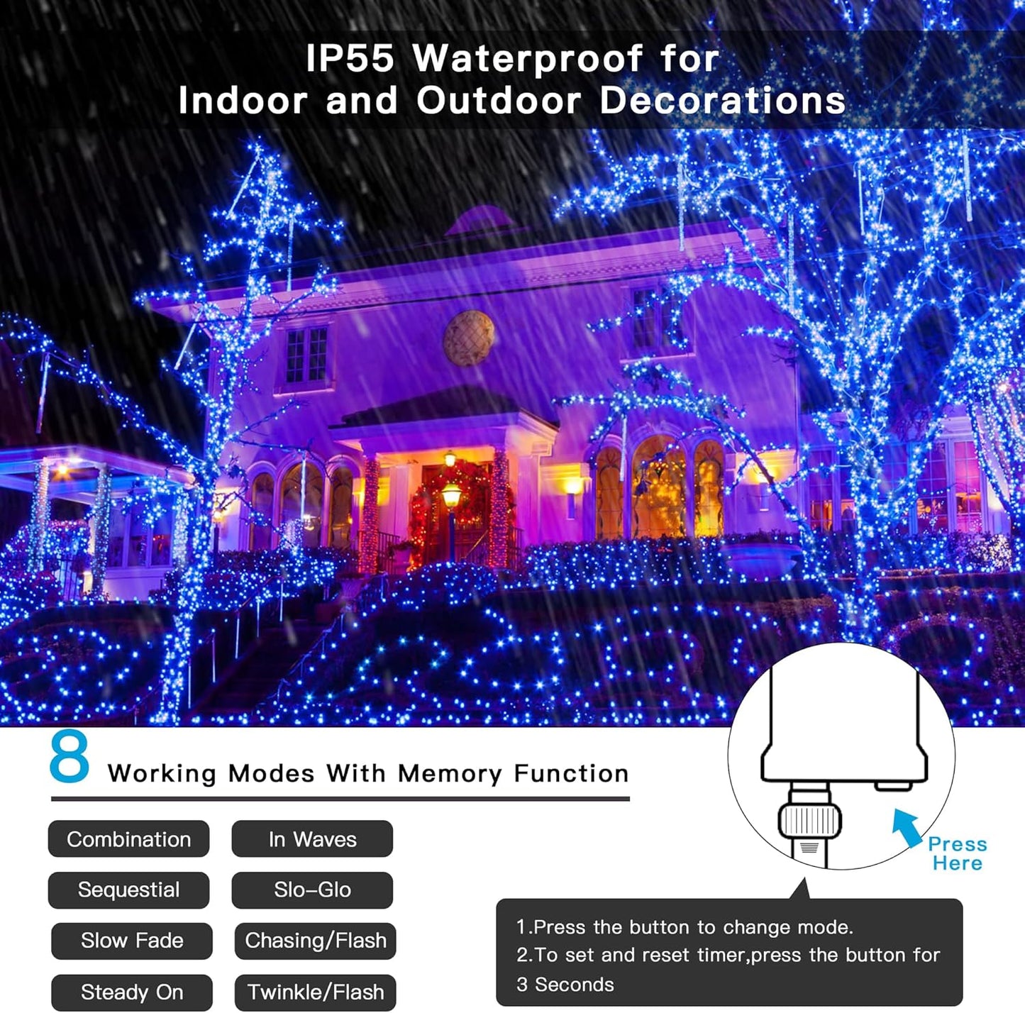 AmyHomie Blue Halloween Lights, 108Ft 300LED Halloween String Lights Outdoor Waterproof, End-to-End Indoor Fairy Decorative Lights for Wedding, Party, Christmas Decor