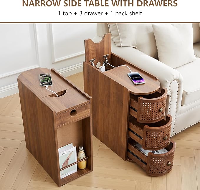 Metal Rattan Narrow End Table with Charging Station, Farmhouse Side Table with Drawers Storage, Small Night Stand with Power Outlets and USB Ports, Sofa Side Table for Living Room - Walnut