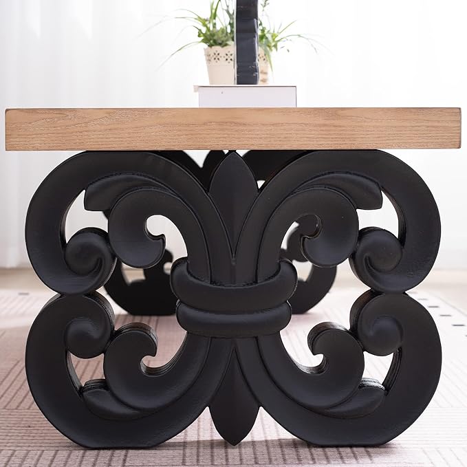 Rectangular Coffee Table with Natural Wood Top, Rustic Wooden Center Table with Black Carved Base, Farmhouse Tea Table for Living Room Office Apartment,47.2" L x 23.6" W x 18" H