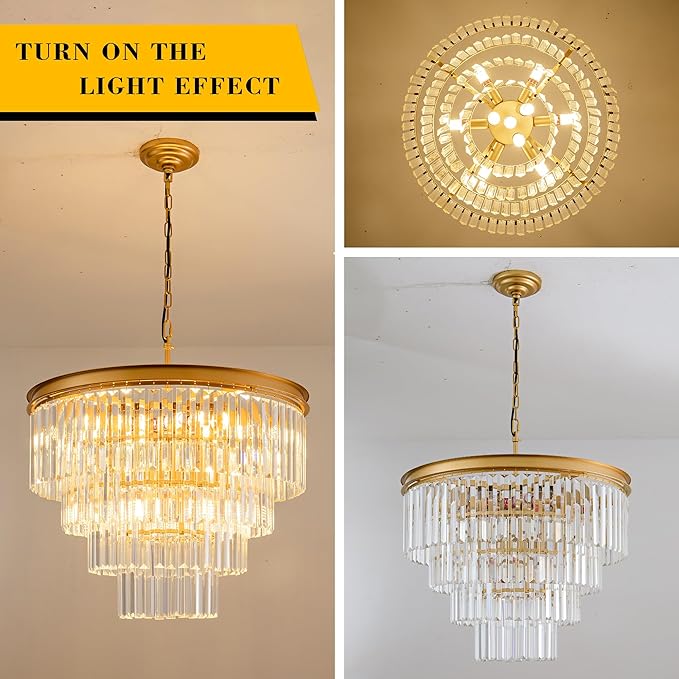 Gold Crystal Chandelier 10-Lights 22.9" Crystal Pendant Lights 4-Tier Luxury K9 Ceiling Hanging Dining Room Light Fixture for Hallway Living Room Bedroom Kitchen Island Entryway Stairway Office