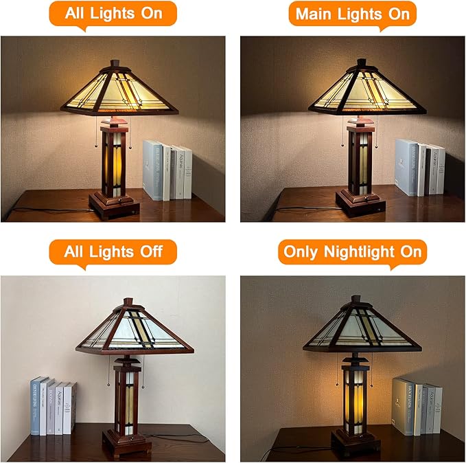 Capulina Tiffany Lamp Stained Glass Table Lamp with Night Light 3-Light 15X15x26 Inches Cream Antique Wooden Base Tiffany Style Desk Lamp for Living Room Bedroom Home Office