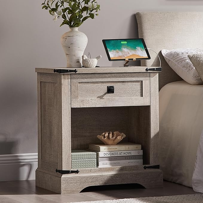 T4TREAM 24" Farmhouse Nightstand with Charging Station Set of 2, Large End Table with Drawer and Open Storage Cabinet, Rustic Wood Bedside Table Sofa Table for Bedroom, Light Rustic Oak