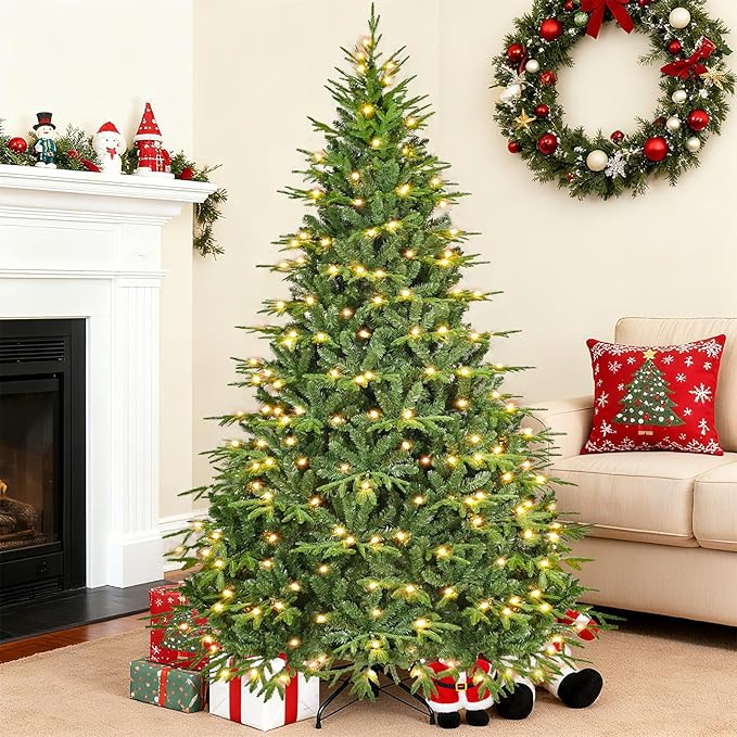 Prelit Artificial Hinged Christmas Tree with Pre-lit 350 Warm White Lights 7.5FT Holiday Tree for Xmas Decoration Metal Hinges, Foldable Base