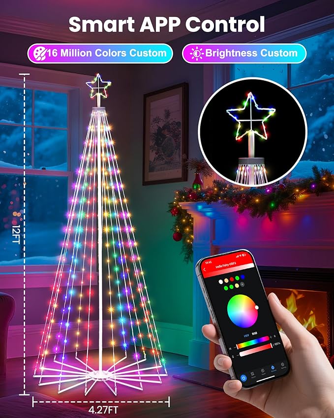 Smart Christmas Cone Tree LED Light, 12ft 832 LED Music Sync with Remote APP and Local Control, Pattern and Text Displayable, 16 Million Colors Light Show Tree for Indoor Outdoor Decorations