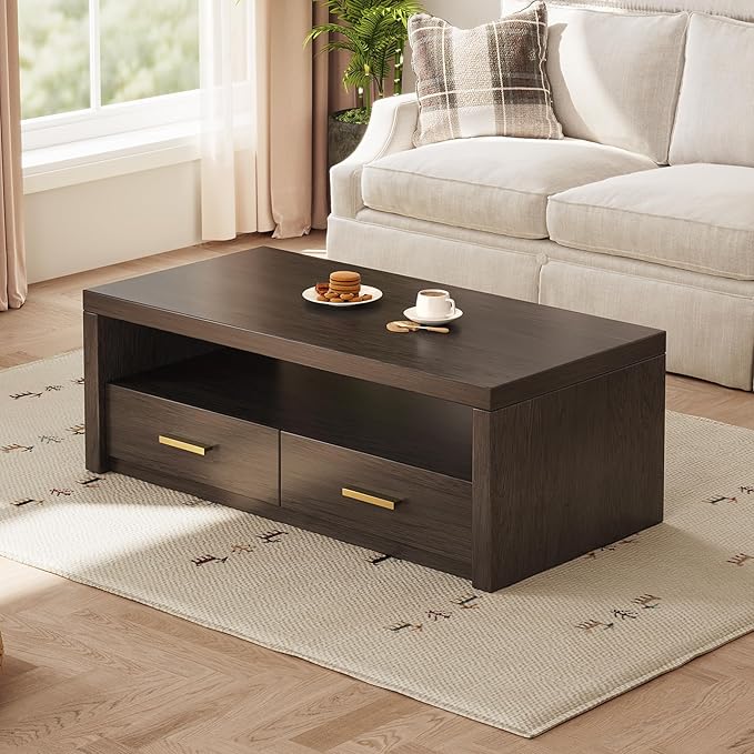 Coffee Table with Storage, 4 Storage Drawers Mid-Century Modern Rectangular Center Table, Retro Tea Table with Open Display Area for Bedroom, Living Room