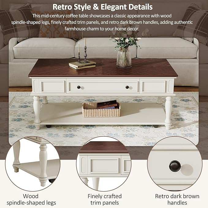 Polibi Coffee Table with Large Storage Drawer, Retro Movable Rectangular Cocktail Table with 4 Caster Wheels for Livingroom, Easy Assembly (Walnut+White)