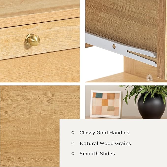 End Tables Set of 2 with 2 Drawers, Farmhouse Nightstand with Open Shelf, Modern Bedside Cabinet Side Table Night Stand for Bedroom, Living Room, Natural Oak