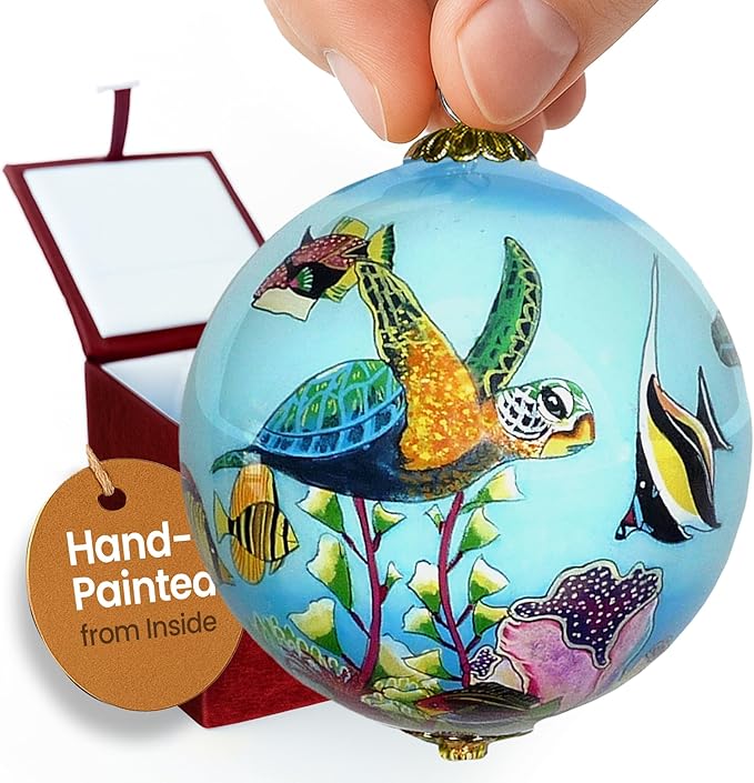 Collectible Hand-Painted Maui Sea Turtles and Tropical Fish Christmas Ornament HF/M