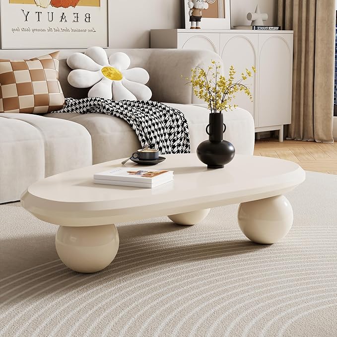 Cloud Coffee Table for Living Room, 51.18" Large Oval Wood Coffee Table with 3 Ball Legs, Unique Modern Living Room Table Center Table for Home Office, White