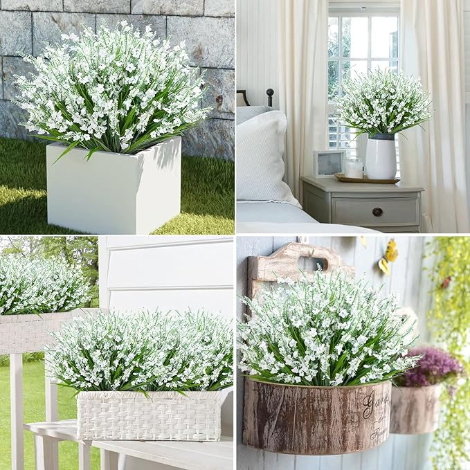 20 Bundles Artificial Lavender Flowers for Outdoors Fake Silk Flowers Faux Plants UV Resistant for Indoor Outside Spring Porch Garden Window Table Box Office Home Decorations, White