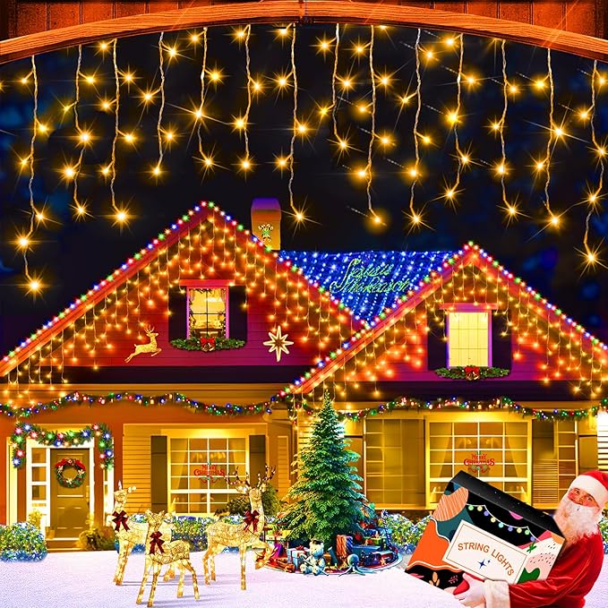 XURISEN 132ft Christmas Lights Decorations Outdoor, 1280 LED 8 Modes Fairy Lights with 240 Drops,Plug in Waterproof Timer Memory Function for Christmas Holiday Wedding Party Decorations(Warm White)