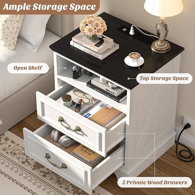 Unikito Farmhouse Nightstand with Charging Station, Bedside Table with 2 Large Drawers & Vintage Handles, Side Table with Open Storage for Bedroom (Antique White)
