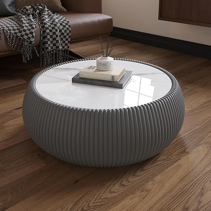 27.55" Grey Round Coffee Table, Drum Coffee Table with Sintered Stone Tabletop and Fluted PU Leather Covered and Stable Base, Circle Cocktail Tea Table for Living Room