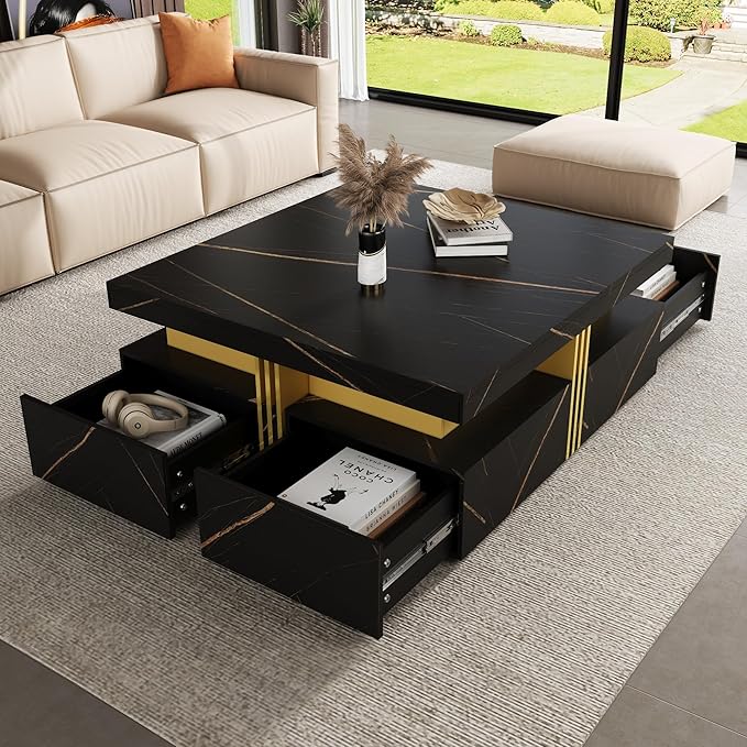 Merax 43.3" Modern Square Storage Coffee Table with 4 Drawers, with Marbling Gold Accents, Functional Center Tables for Living Room Apartment, Black