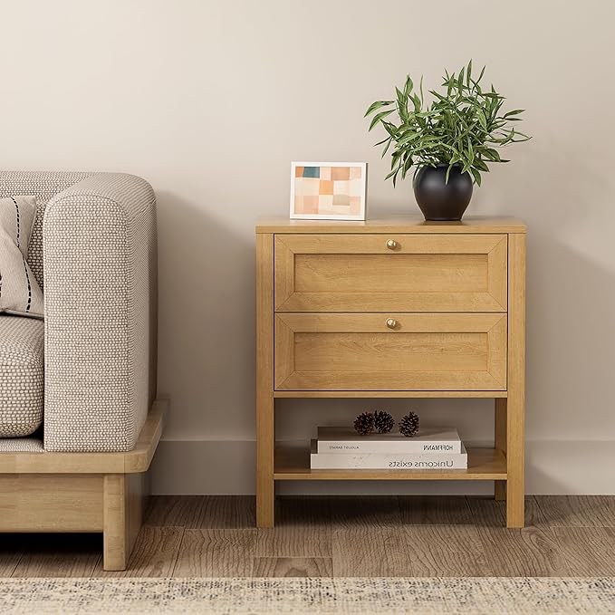 End Tables Set of 2 with 2 Drawers, Farmhouse Nightstand with Open Shelf, Modern Bedside Cabinet Side Table Night Stand for Bedroom, Living Room, Natural Oak