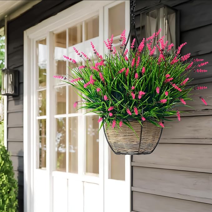 12 Bundles Artificial Lavender Flowers Faux Plants for Outdoor Fake Monkey Grass with Flowers Realistic Faux Greenery Shrubs for Porch Planters Patio Garden Window Boxes Pathway Decor (Pink)