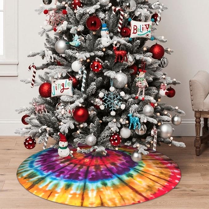 BLUBLU 36" Christmas Tree Skirt Xmas Tree Mat, Funny Party Decor Supplies for Halloween Decorations Occasion Tie Dye Colorful Rainbow