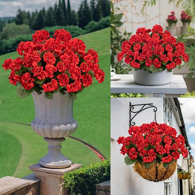 Plastic Flowers for Outdoors Home Decor Fake Plants Artificial Flowers Artificial Geraniums Outdoor Fake Flowers Silk Bouquet, Fall Decoration for Interior Porch Garden Decor(Red) 8PCS 14.4"