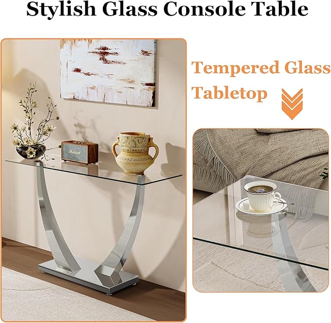 47" Glass Console Table, Modern Rectangular Sofa Table with Tempered Glass Top and Silver Horn-Shaped Stainless Steel Base for Living Room, Entryway, Hallway
