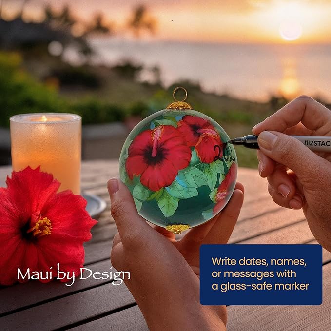 Collectible Maui Christmas Ornament Red Hibiscus Hand Painted from Inside The Glass with Gift Box HCC/M