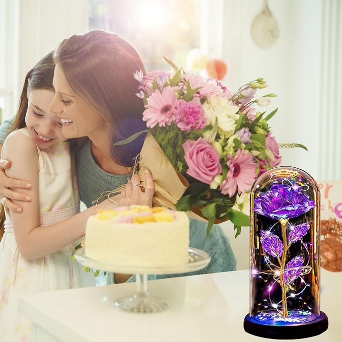 Christmas Rose Gifts for Women Mom, Womens Gifts for Christmas, Glass Flower Gifts for Sister, Rose Enchanted Crystal Flower Gift Light Up in Glass Dome,Birthday Gift for Women Wife Purple