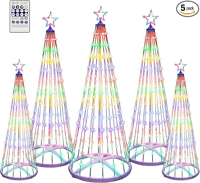 5 Pack 4/4/5/5/6 FT Christmas LED Cone Tree Lights Outdoor Decorations24 Modes Color Changing with Timer Foldable Lighted Tree Waterproof String Lights Holiday Decor for Christmas New Year Xmas