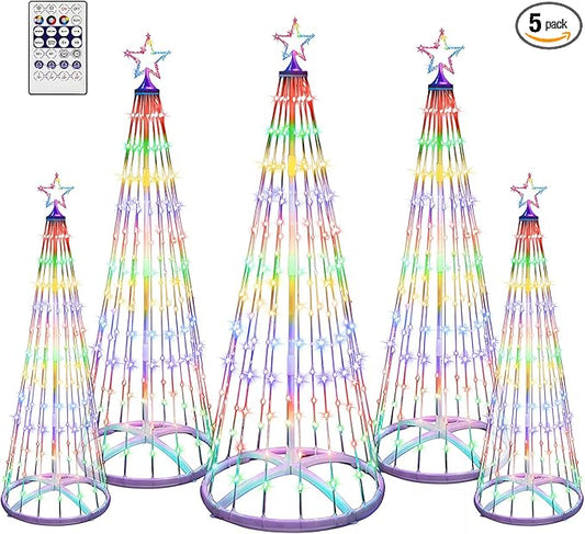 5 Pack 4/4/5/5/6 FT Christmas LED Cone Tree Lights Outdoor Decorations24 Modes Color Changing with Timer Foldable Lighted Tree Waterproof String Lights Holiday Decor for Christmas New Year Xmas