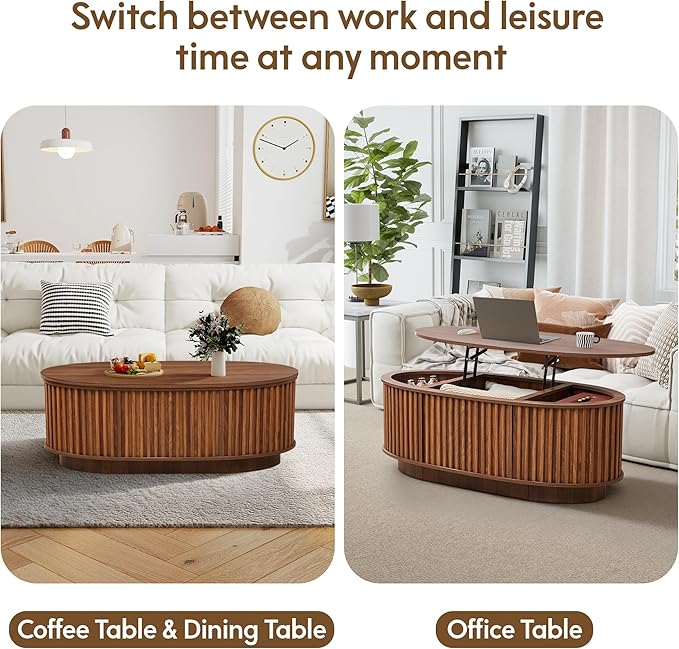 Oval Lift Top Coffee Table, 43.3'' Fluted Coffee Table with Hidden Storage Compartment, Mid Century Modern Dining Table Wooden Center Table for Living Room, Office, Small Spaces (Walnut)