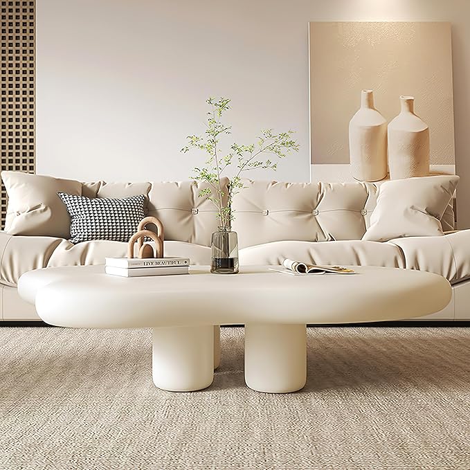 48 Inch Cloud Coffee Table, Modern Cream Coffee Table for Living Room, Large Wood Coffee Side Table with Irregular Tabletop and 4 Sturdy Legs for Home Office Bedroom