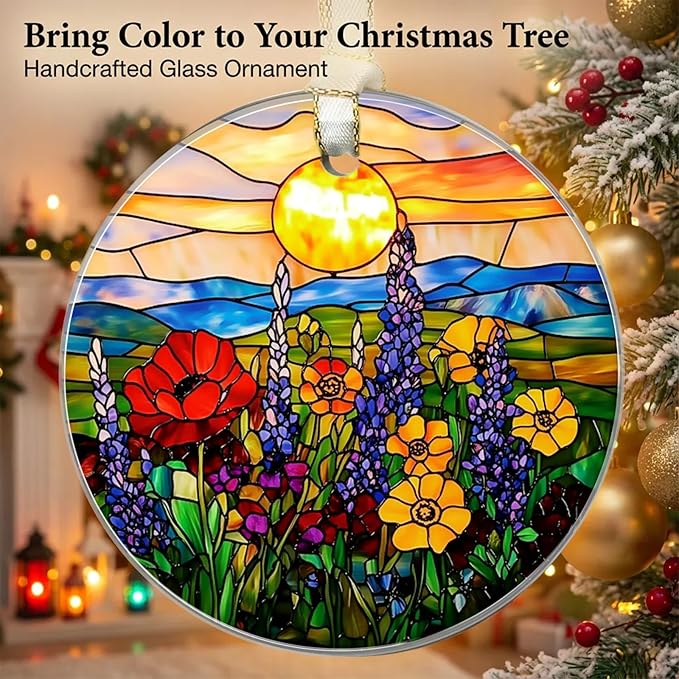 Wildflower Christmas Ornaments 2025, Stained Glass Christmas Tree Decorations, Exchange for Women, Men, Collectible Dated Year Ornaments for Tree - Glass Hanging Ornament
