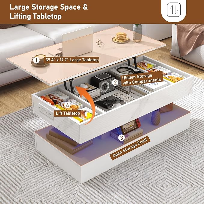 39.4" Large Lift Top Coffee Table with Charging Station, LED Modern High Glossy Center Table with Hidden Compartment Storage, White Lift Living Room Tables with Marbling Print, White