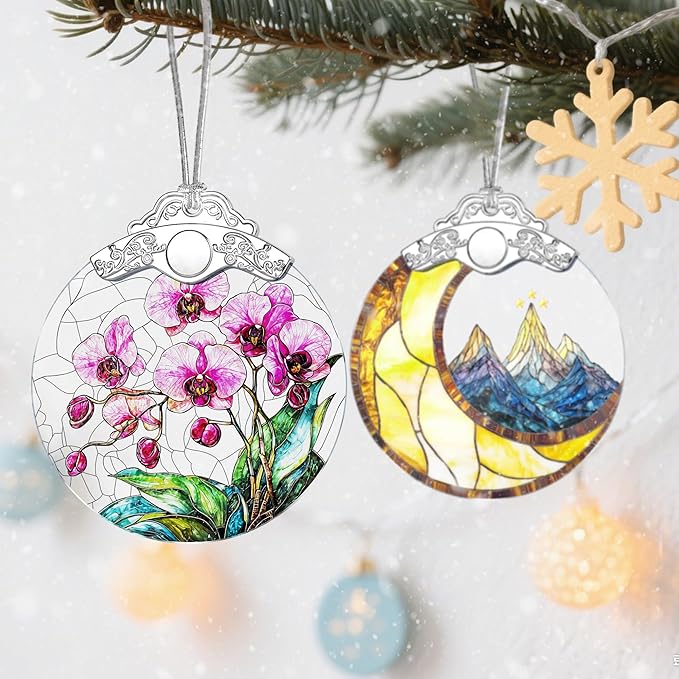 Stained Glass Ornament, Christmas Ornaments, Christmas Decorations for Tree, Holiday Ornament, Gifts for Flower Lovers, Holiday Party Gifts, Gift Ideas & Xmas Gift - Orchid